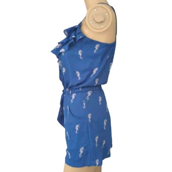Seahorse Print Romper L Blue One Piece Ruffles Flowy Drawstring Tied Waist - Picture 3 of 16